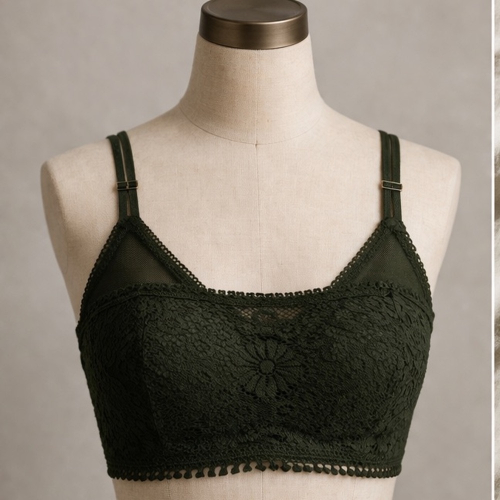 🌿 Aerie Real Power Wireless Push-Up Joy Lace Bra NWT | 32A | Olive Green